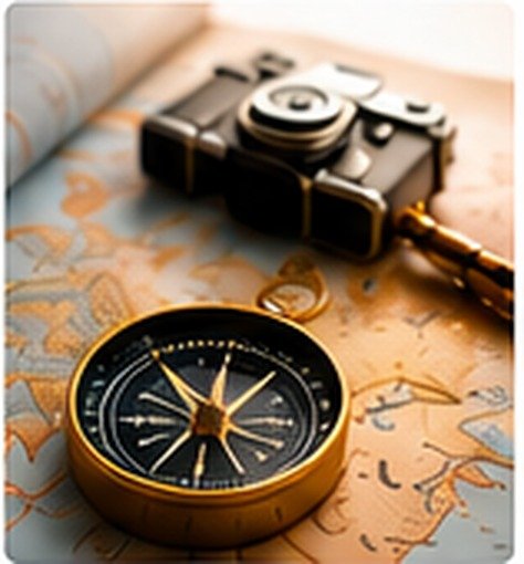 Camera and compass on a travel map